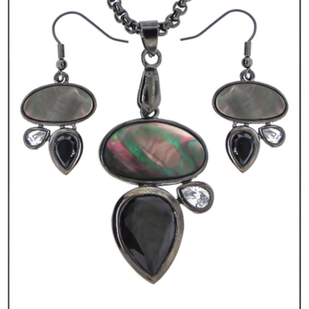 Pendant Set Black Mother of Pearl Stone Jet Cubic Zirconia necklace earring NWT